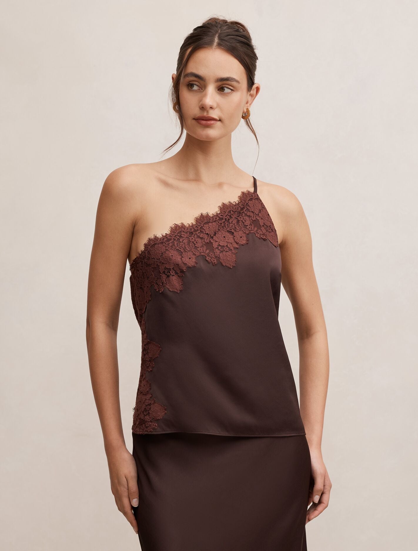 Adele One Shoulder Lace Trim Top Bitter Choc Co-ord | Forever New