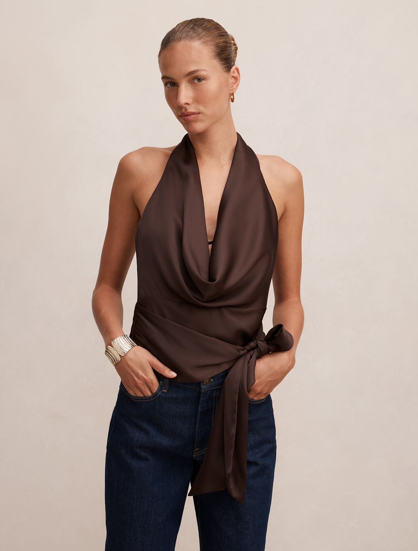 Jordyn Cowl Halter Tie Top Freckle | Forever New