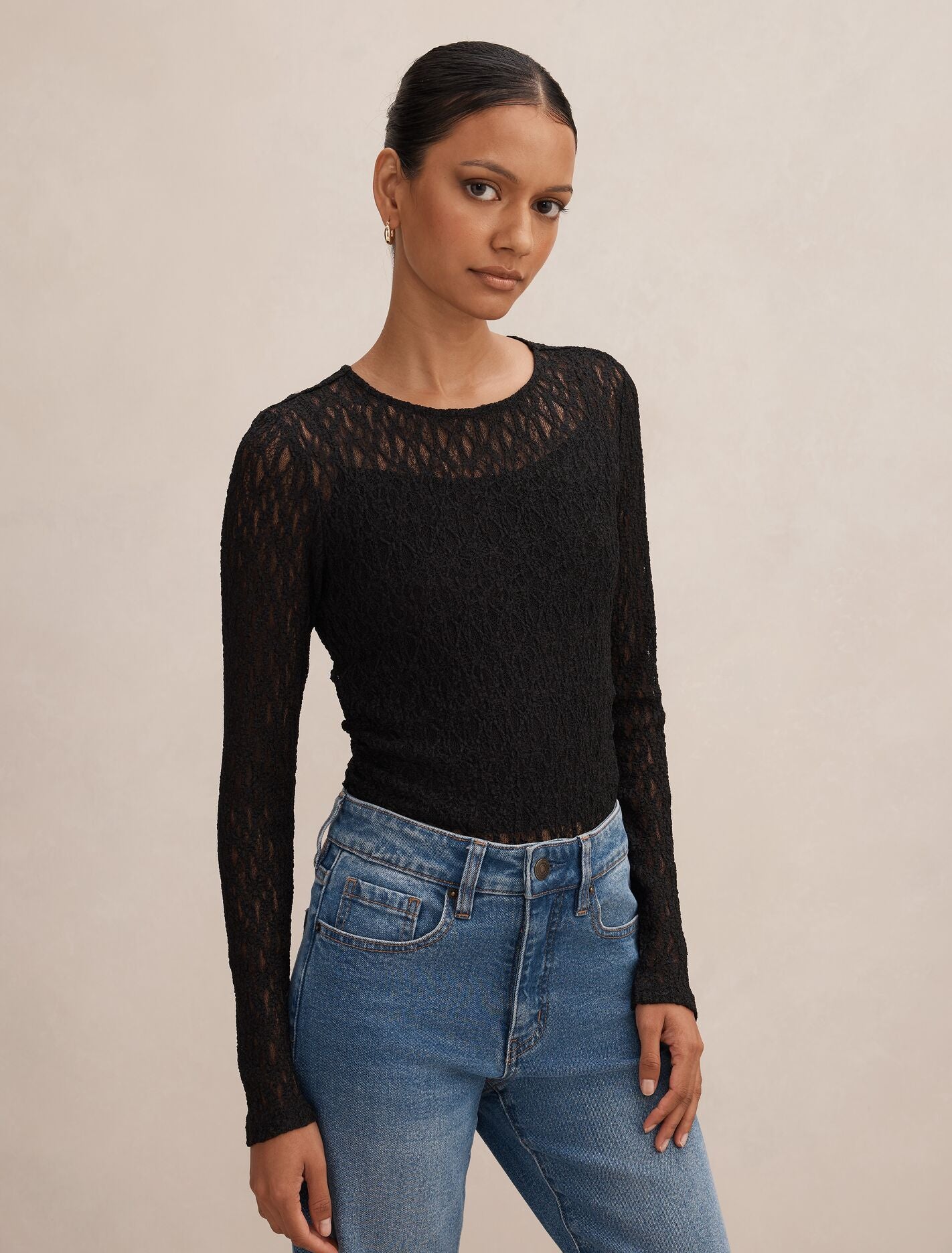 Alex Petite Lace Long Sleeve Top Black | Forever New