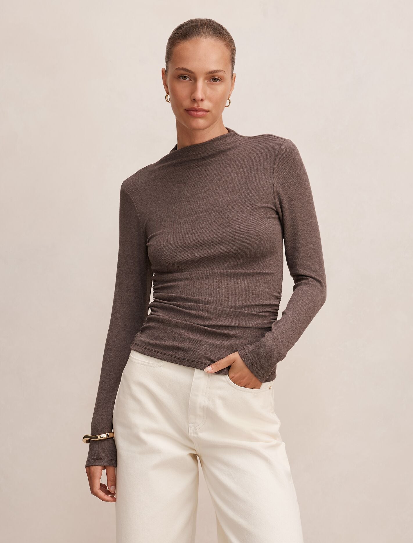 Josette Mock Neck Long Sleeve Top Mocha Marle | Forever New