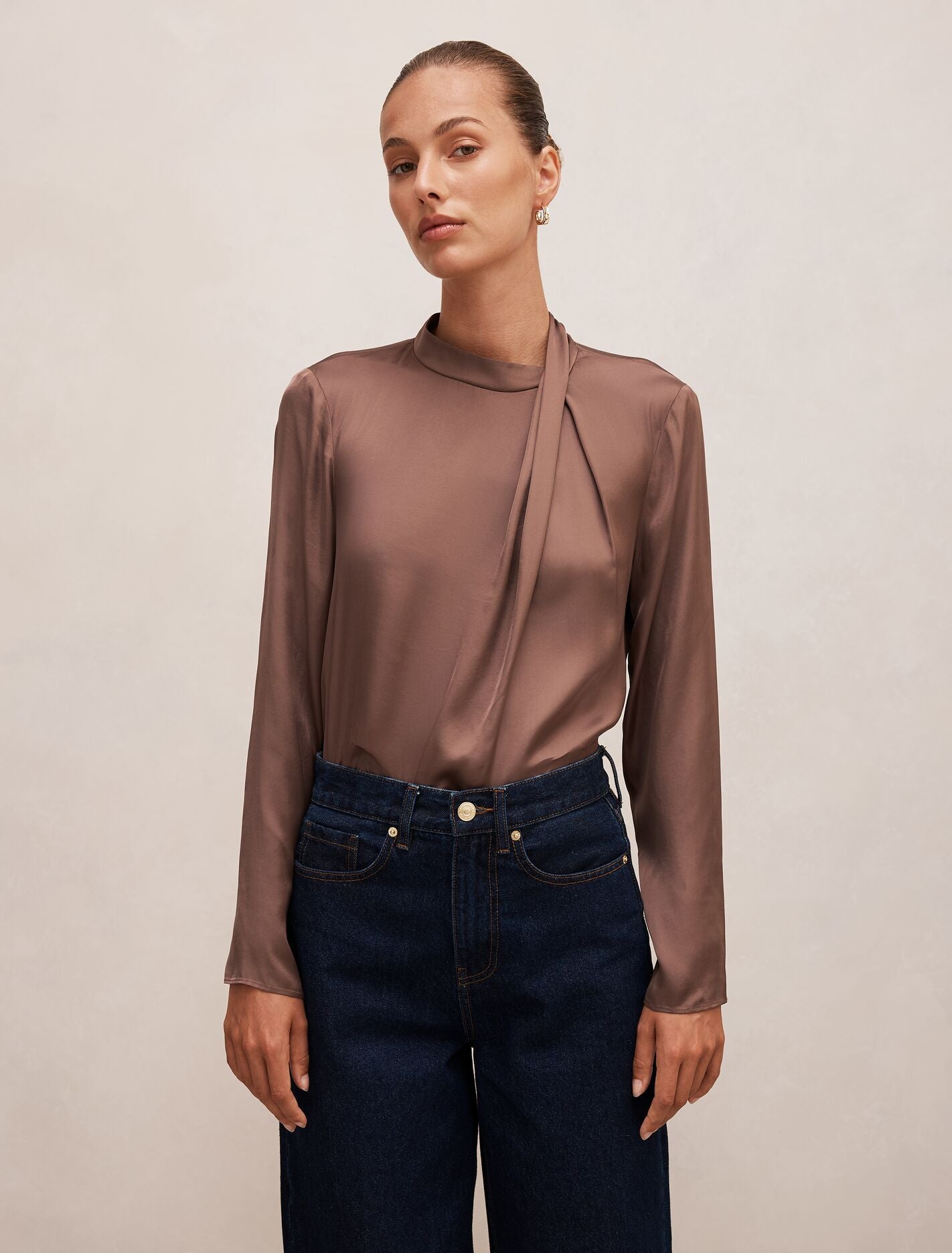 Clara Drape Neck Blouse Mink | Forever New