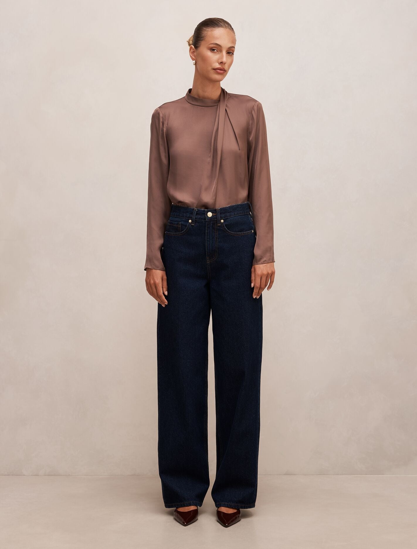 トップス theory lux Marvine Jenna Blouse Clara Drape Neck Blouse Mink | Forever New