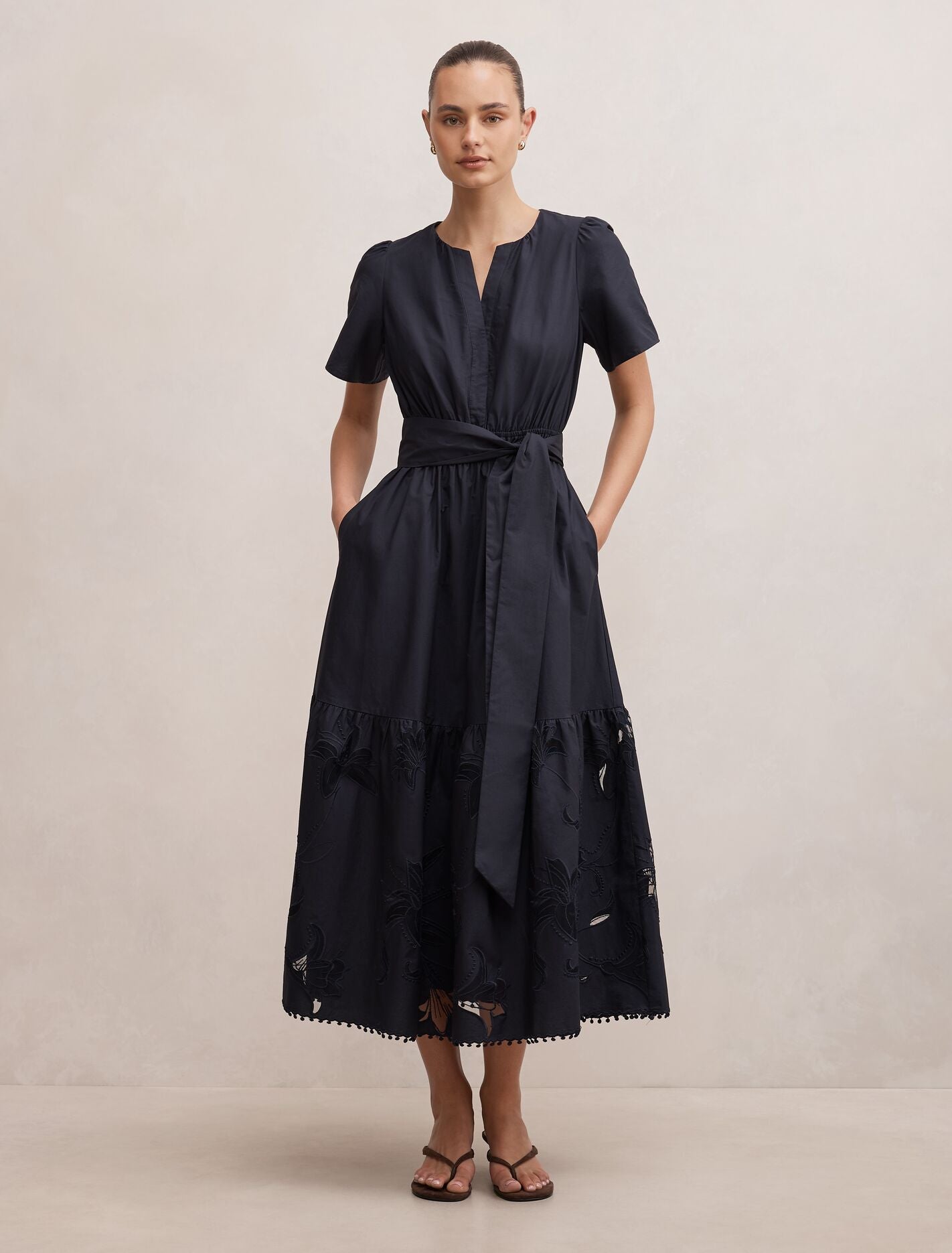 Matilda Embroidered Tie Midi Dress Navy Forever New
