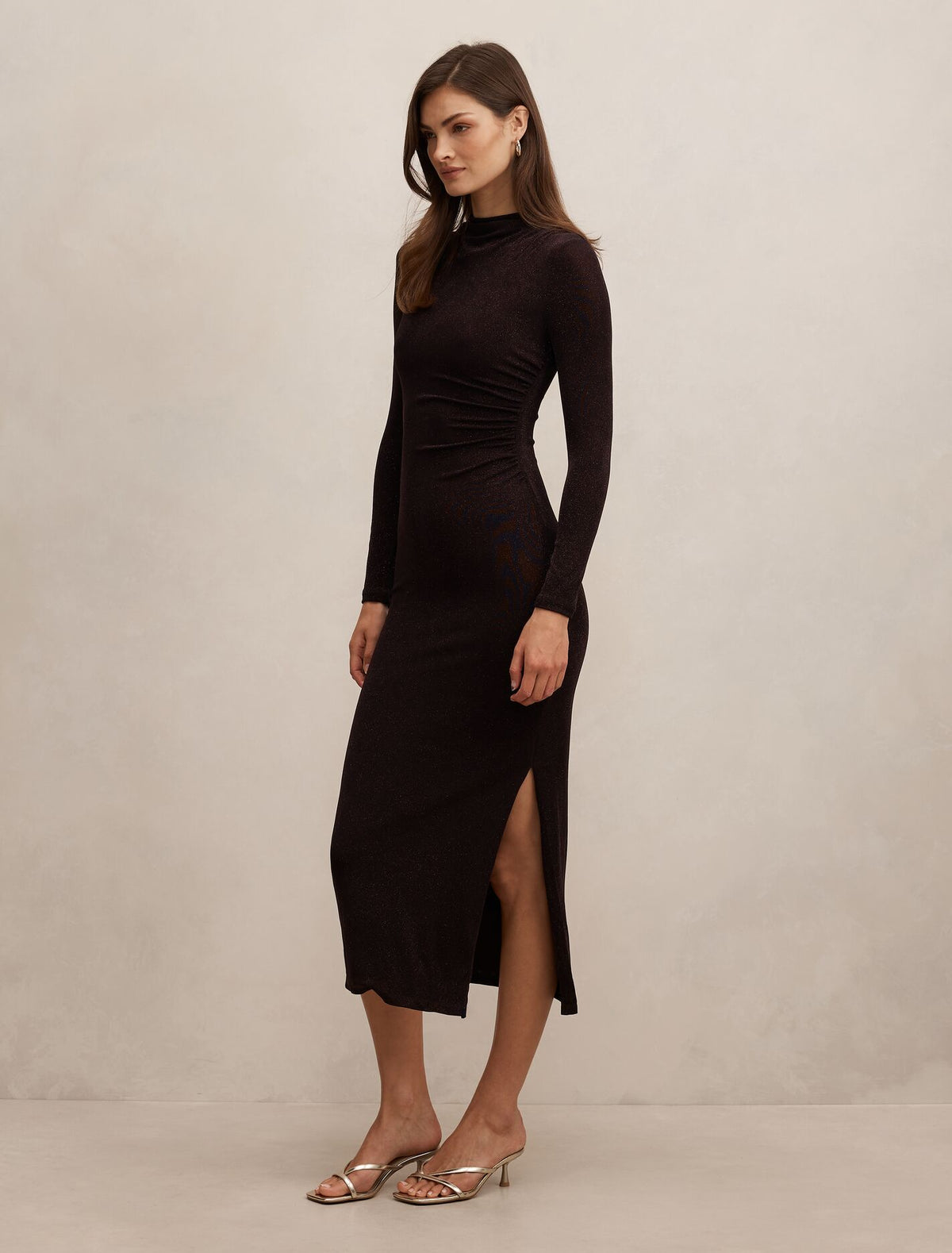 Sammy Glitter Long Sleeve Bodycon Dress Chocolate | Forever New