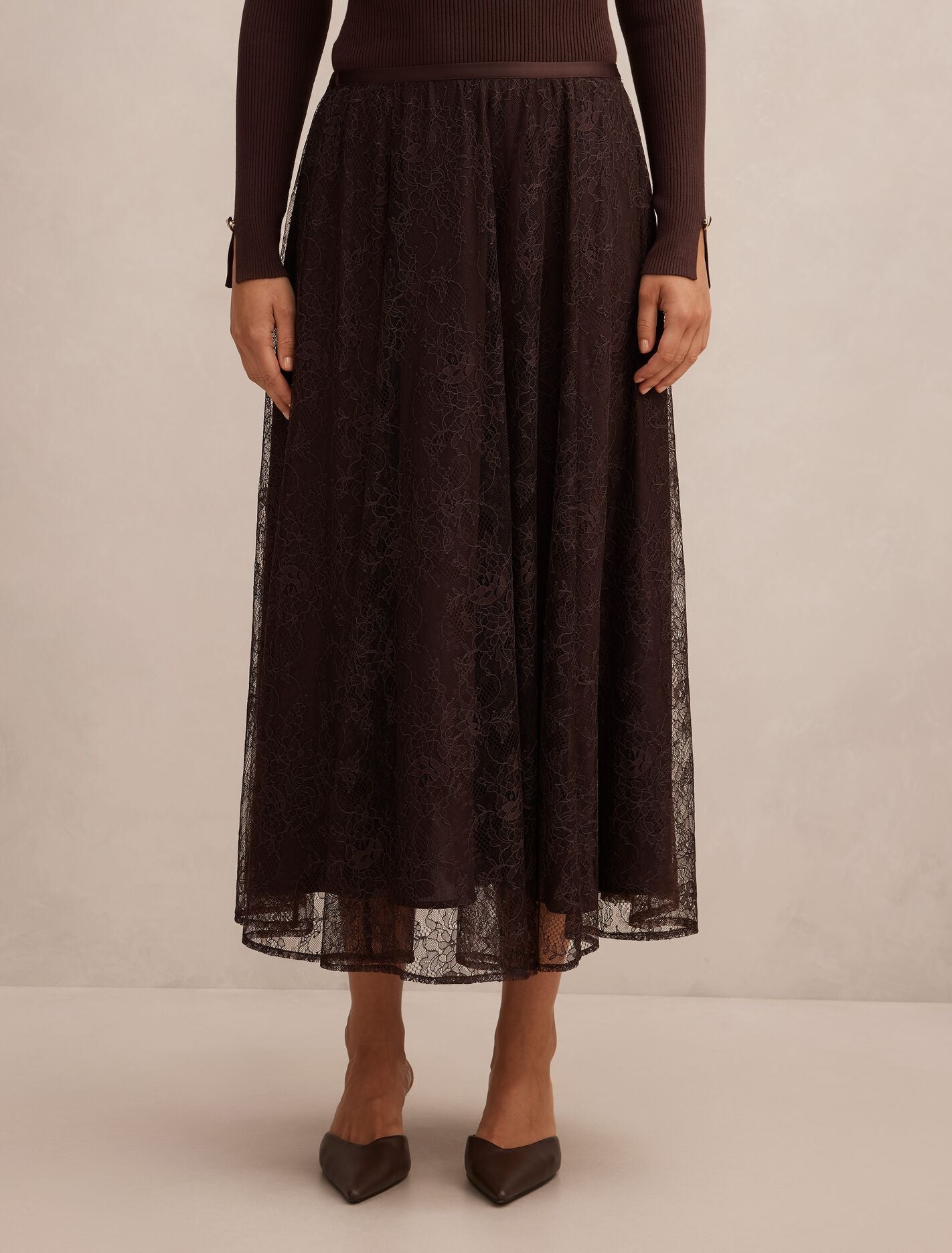 Heather Lace Midi Skirt Chocolate Forever New