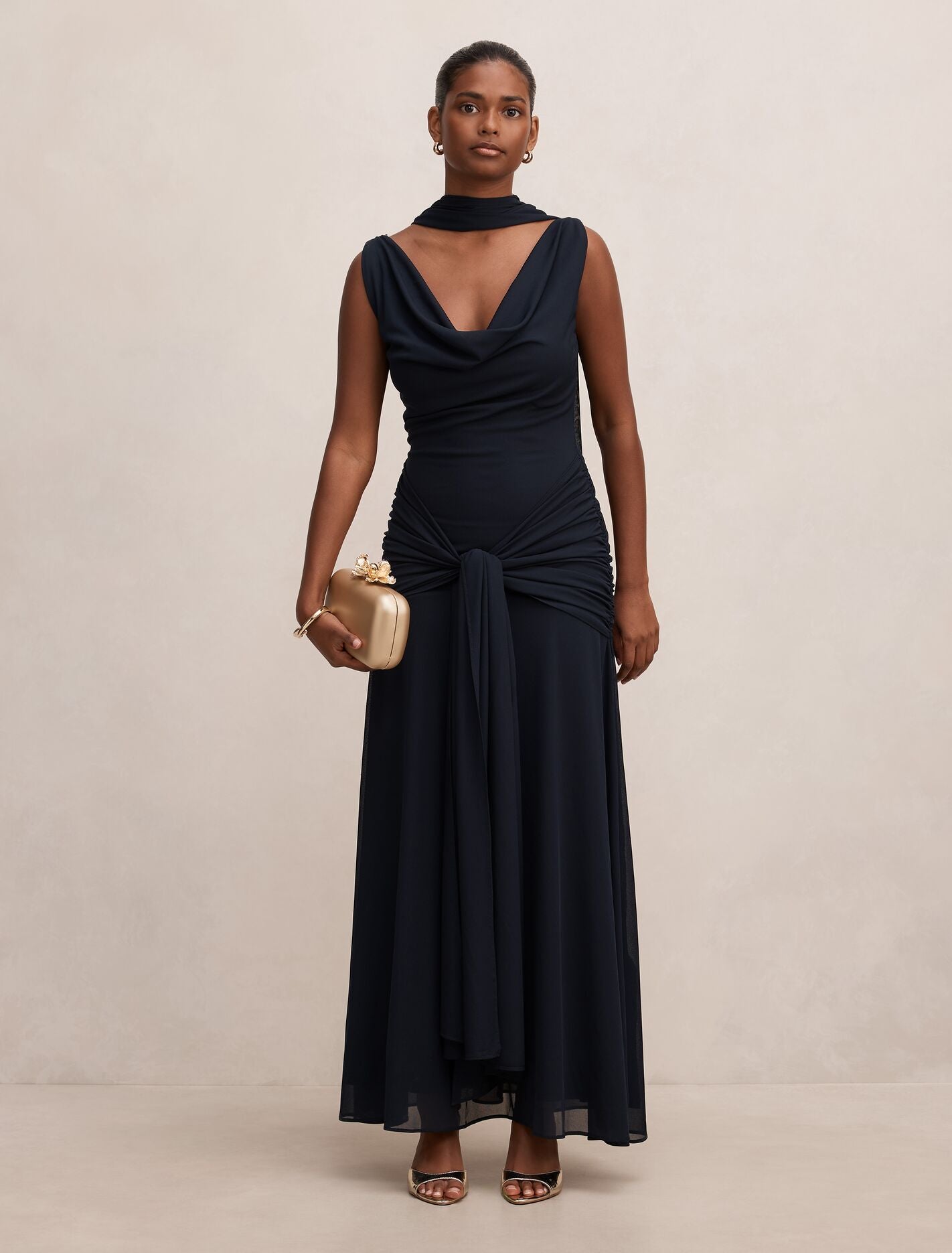 Vivianne Petite Scarf Tie Maxi Dress Navy | Forever New