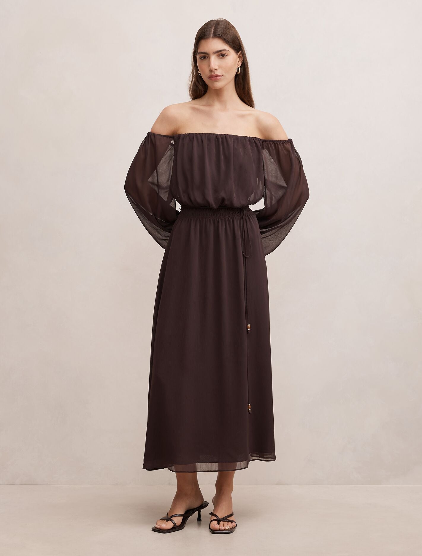 Elodie Off Shoulder Midi Dress Dark Chocolate Forever New