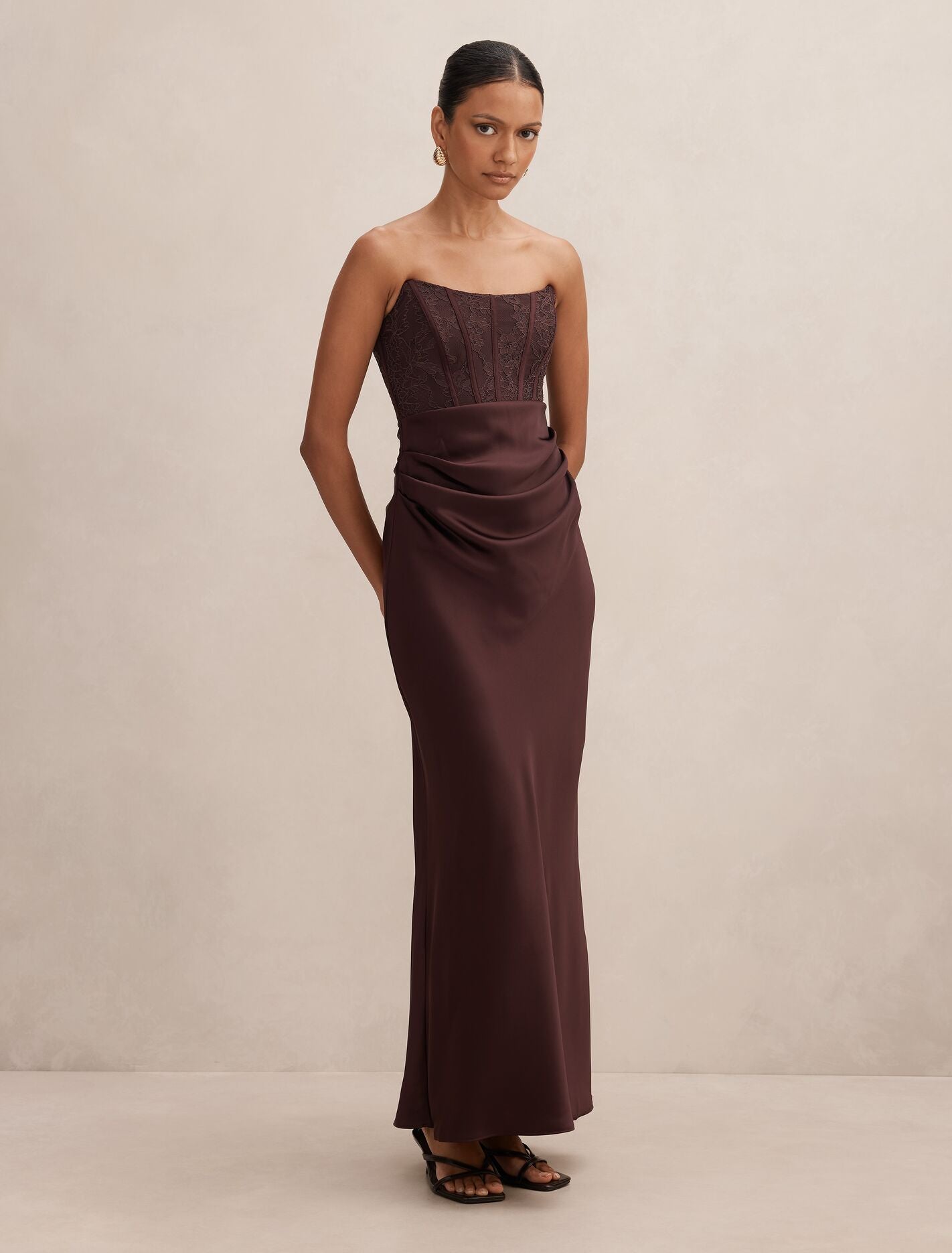 Ivy Petite Lace Corset Maxi Dress Chocolate | Forever New