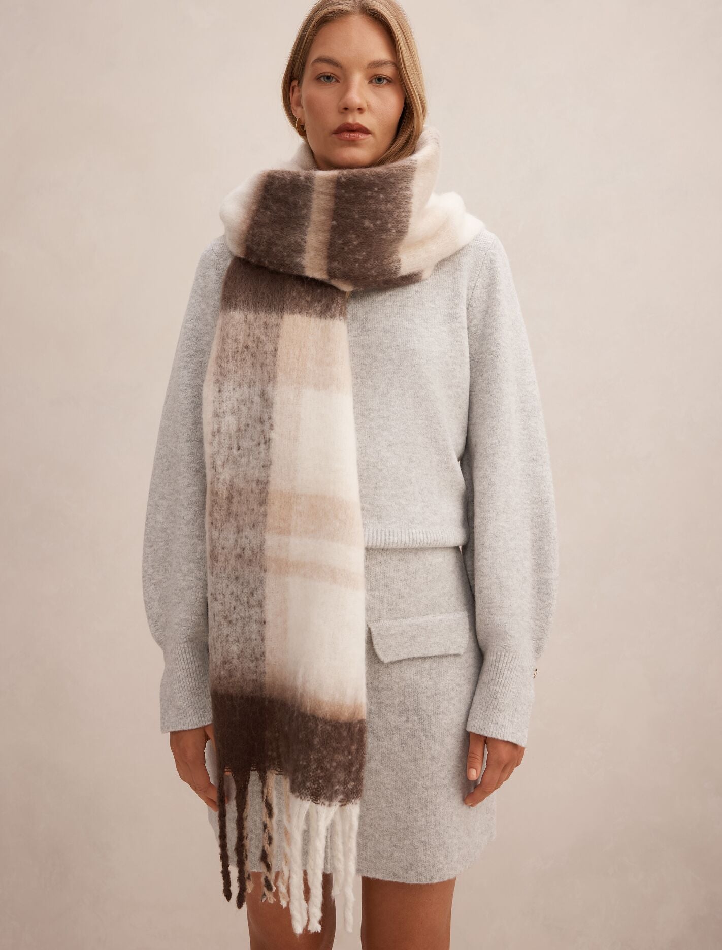 Camille Check Brushed Scarf 0 Mocha Forever New
