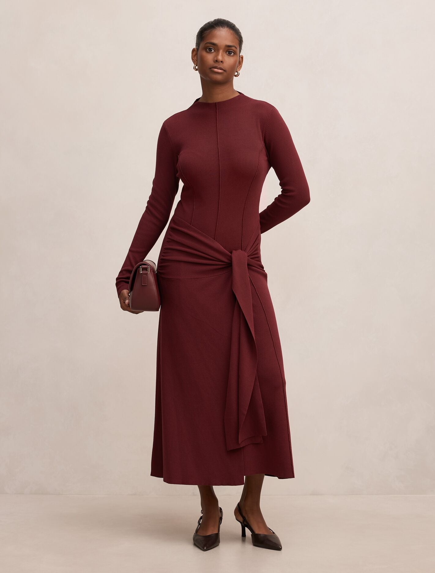 Irina Petite Long Sleeve Tie Knit Dress Port | Forever New
