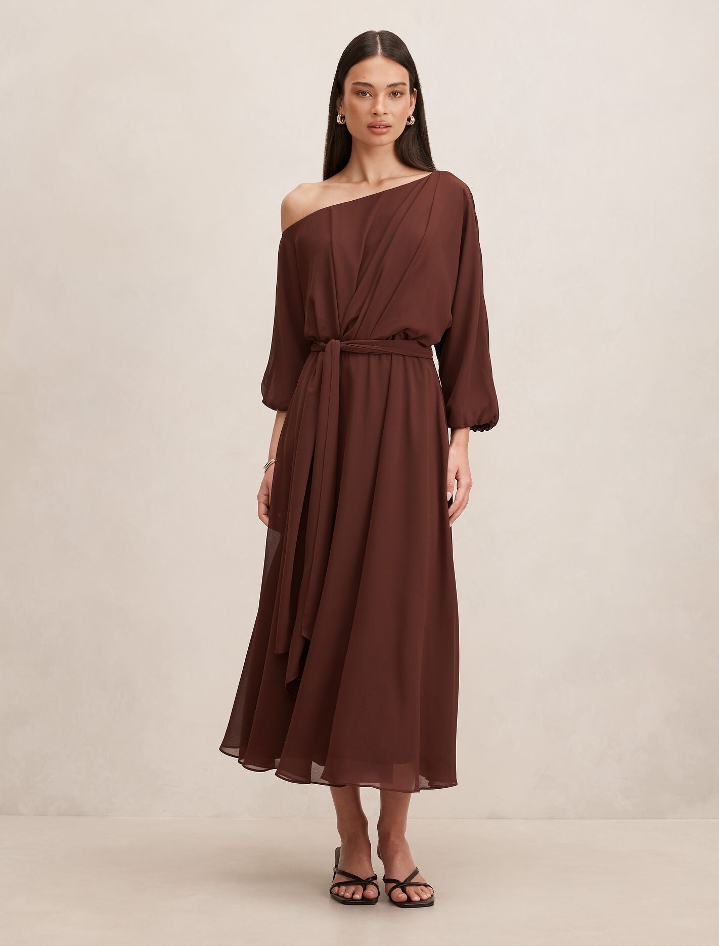 Samantha Tipped Draped Midi Dress Chocolate Truffle | Forever New