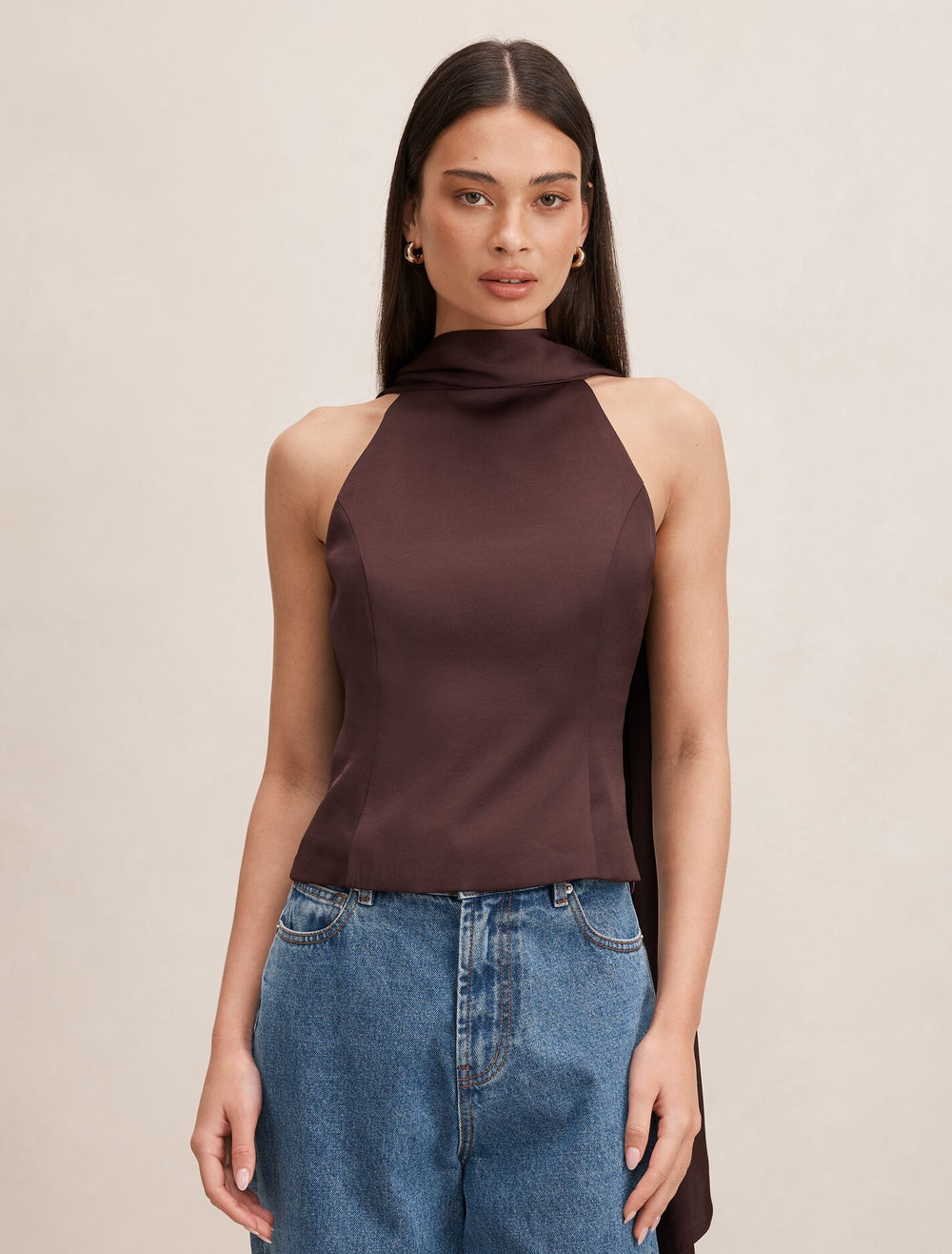 Millie High Neck Cape Top Chocolate | Forever New