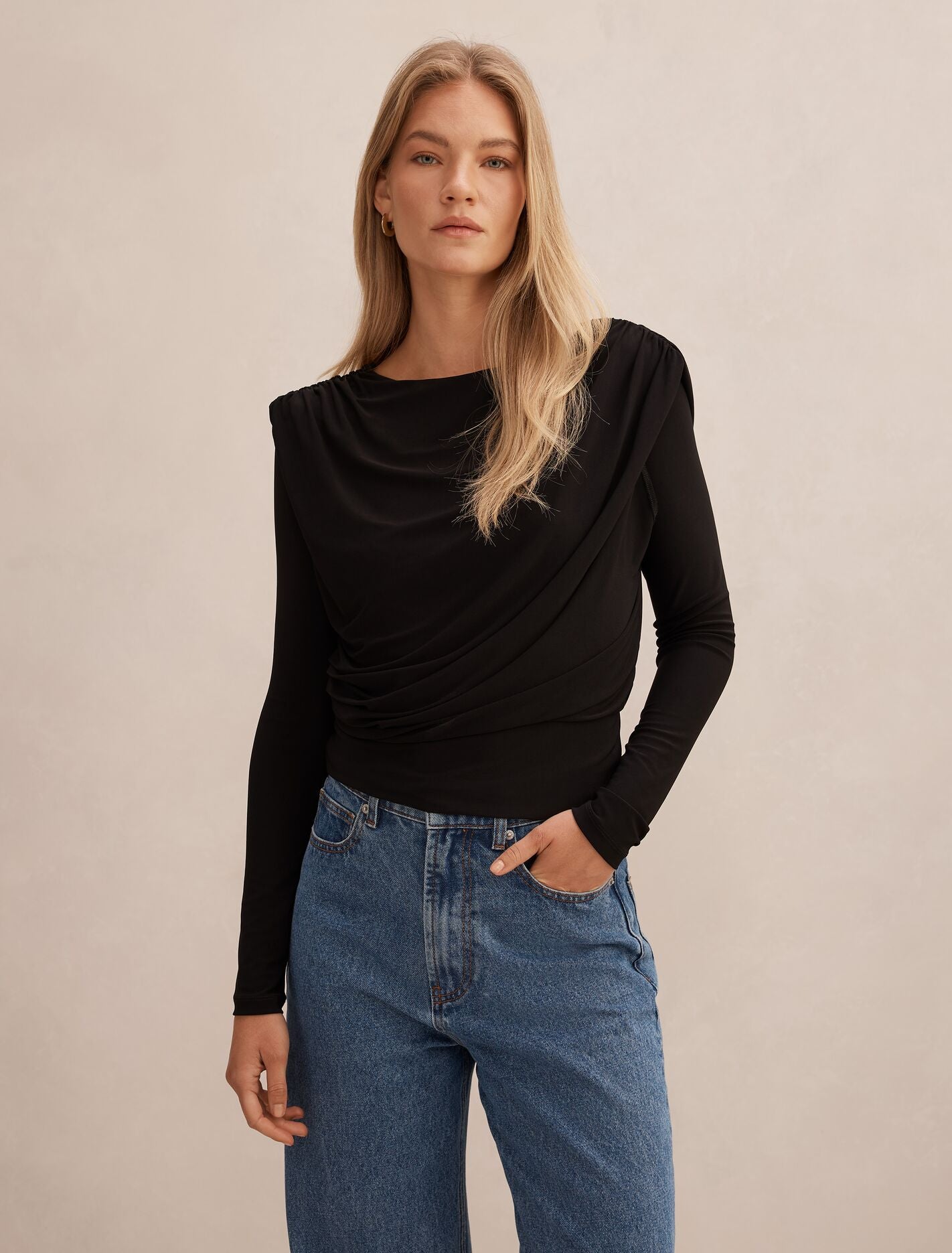 Estelle Bubble Waist Long Sleeve Top Black Forever New