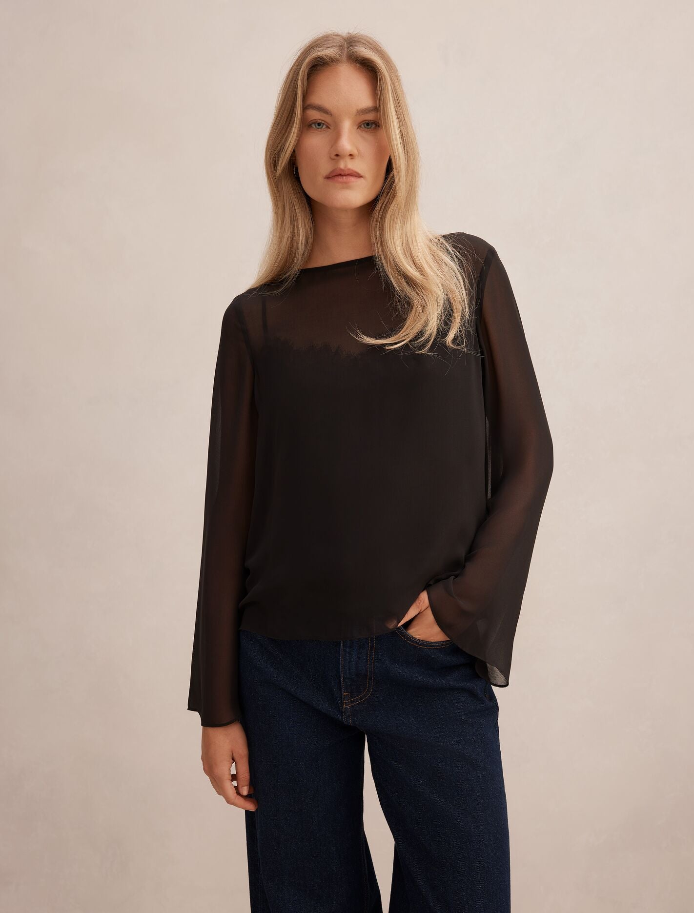 Lottie Sheer Long Sleeve Top Black Forever New