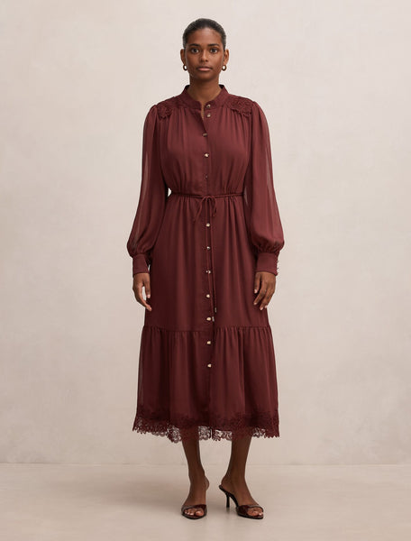 Harriet Petite Lace Midi Dress Tawny Port | Forever New
