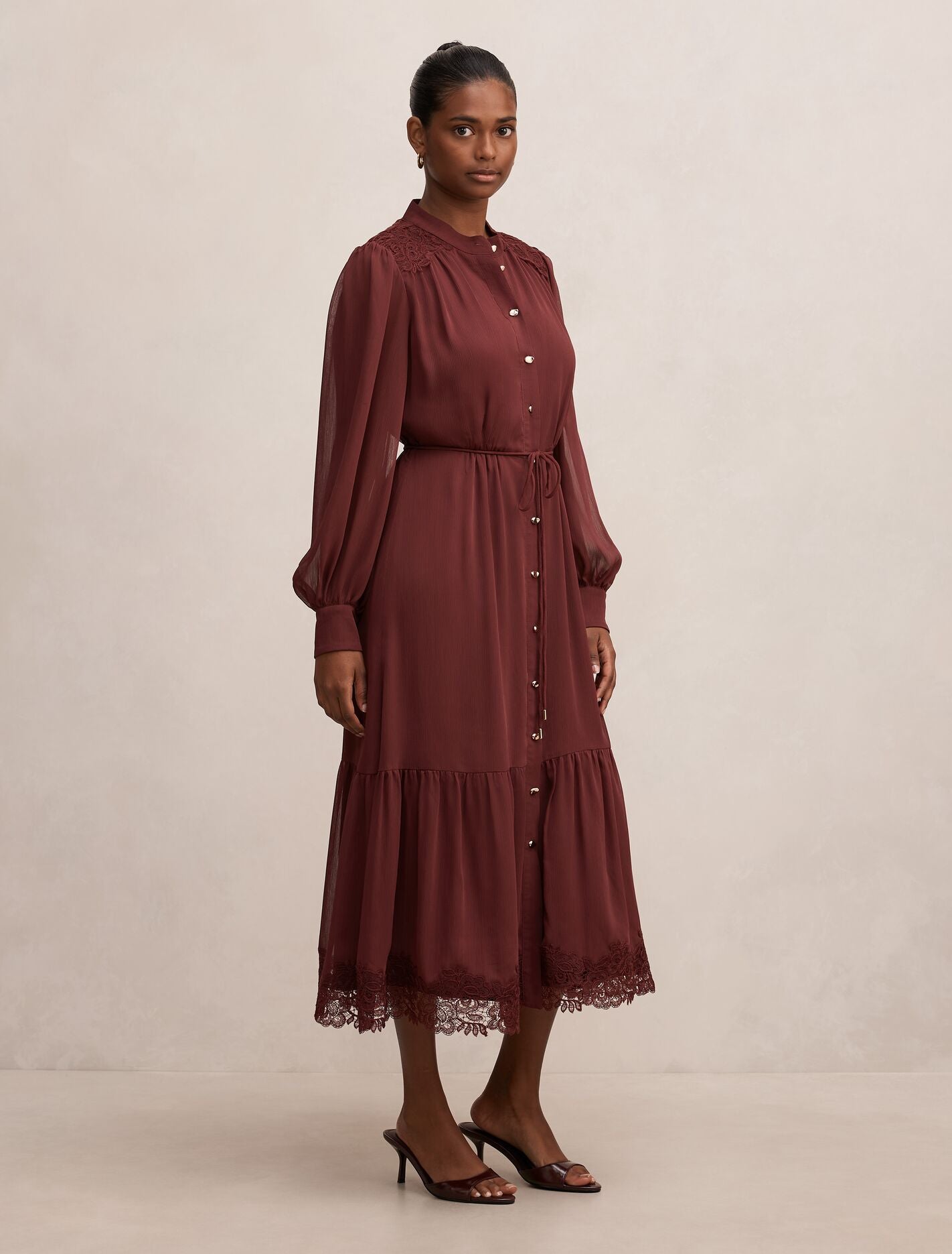 Harriet Petite Lace Midi Dress Tawny Port | Forever New