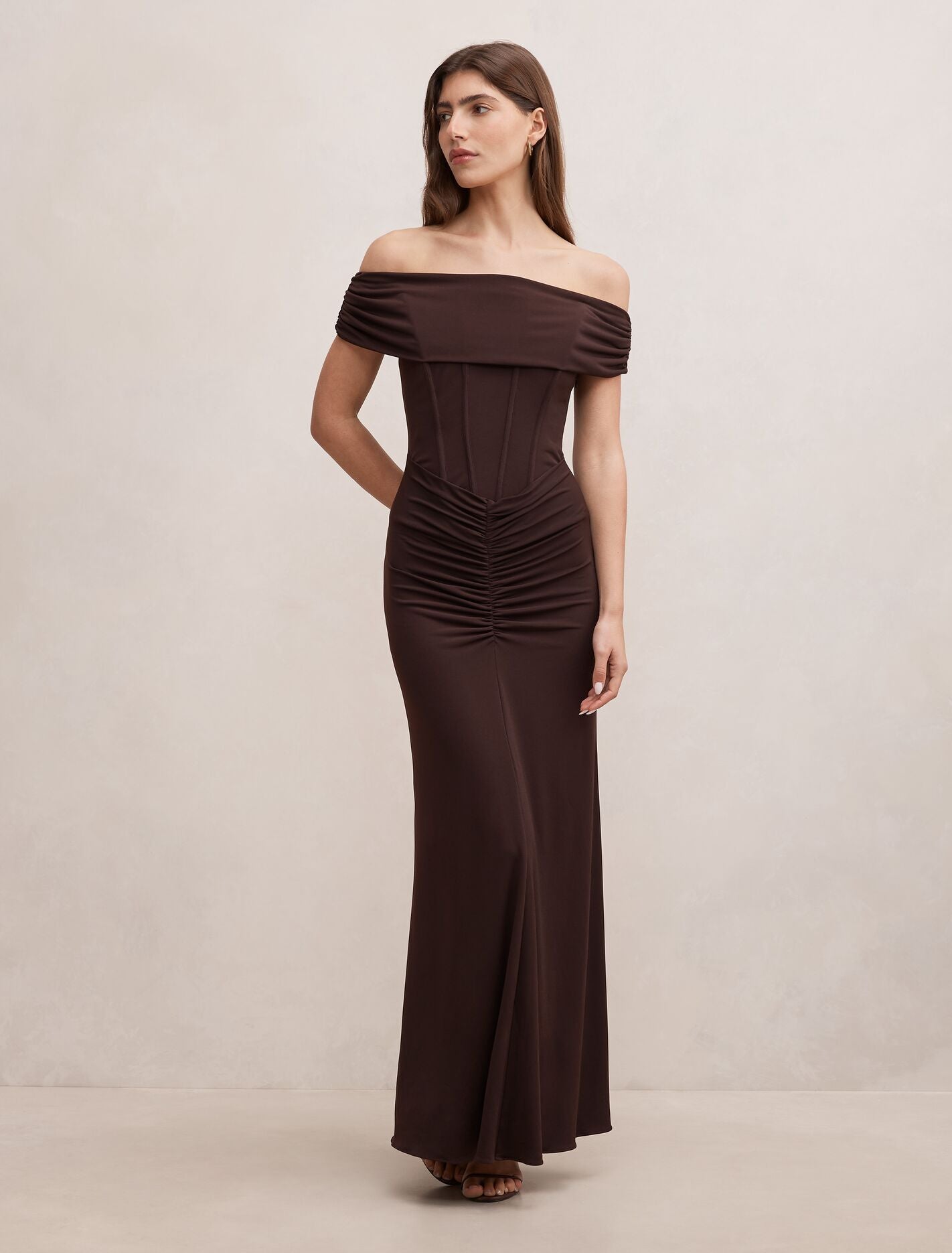 Ania Ruched Bardot Maxi Dress Dark Chocolate Forever New