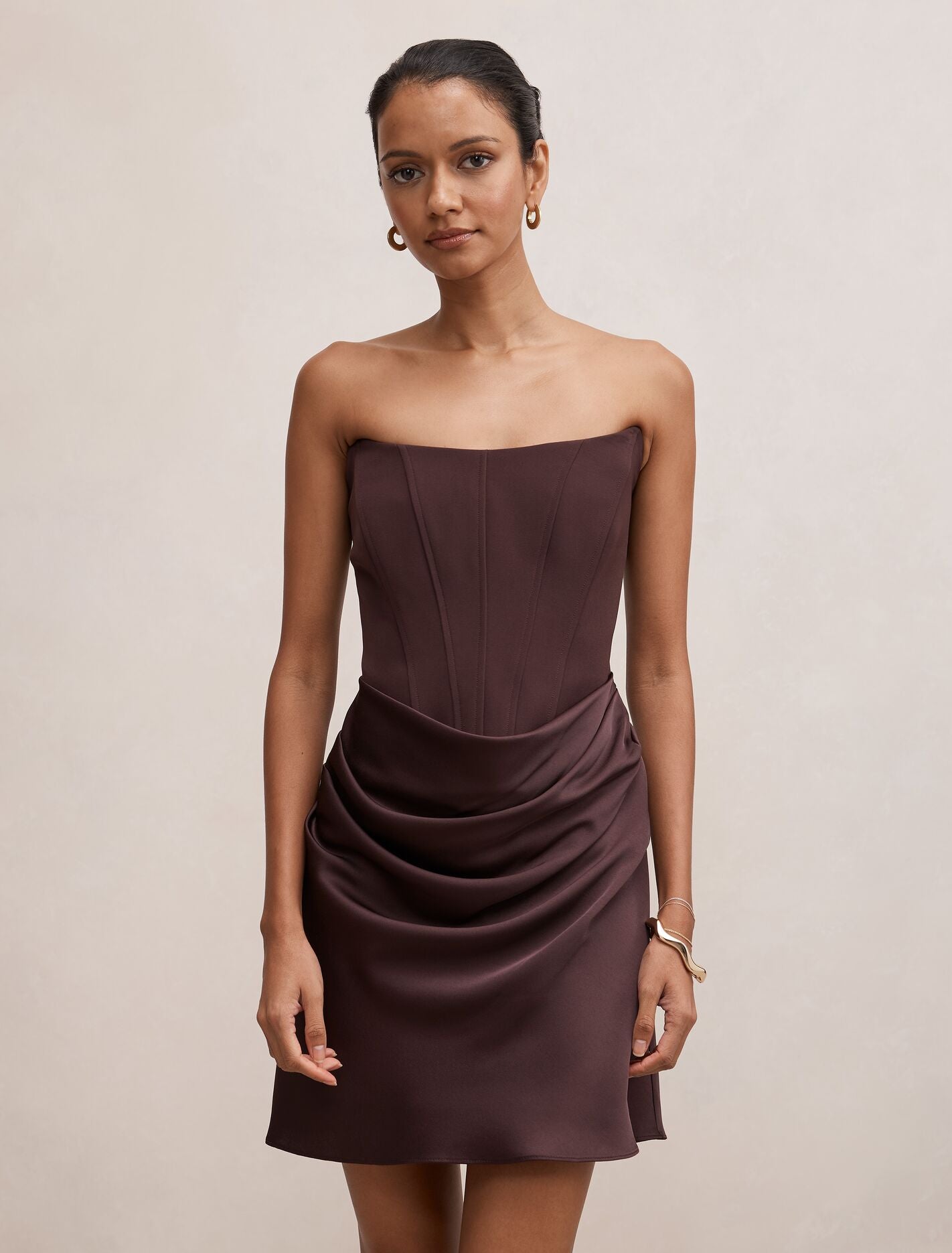 Isra Petite Drape Strapless Mini Dress Chocolate | Forever New