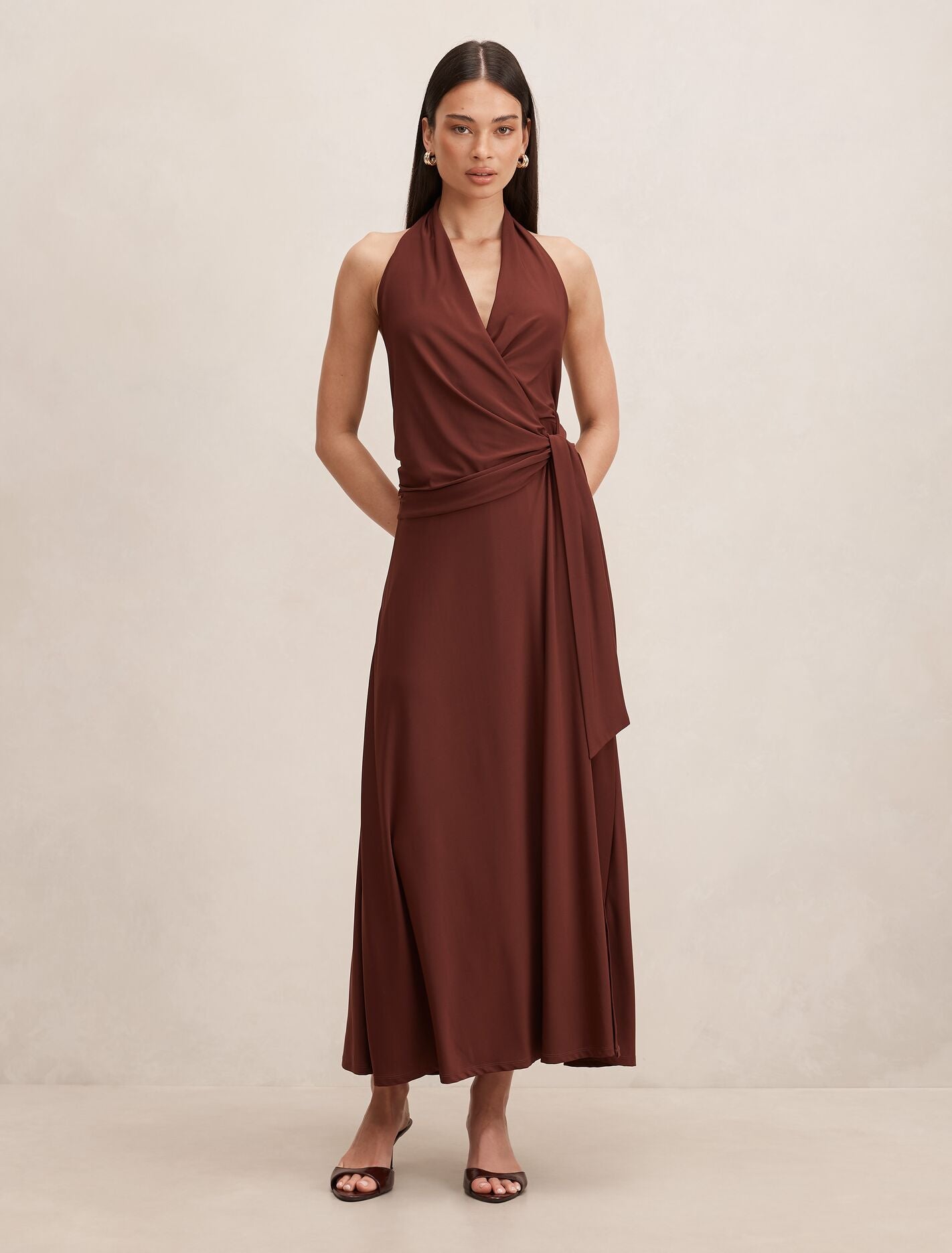 Aaliyah Wrap Halter Midi Dress Dark Chocolate Truffle Forever New