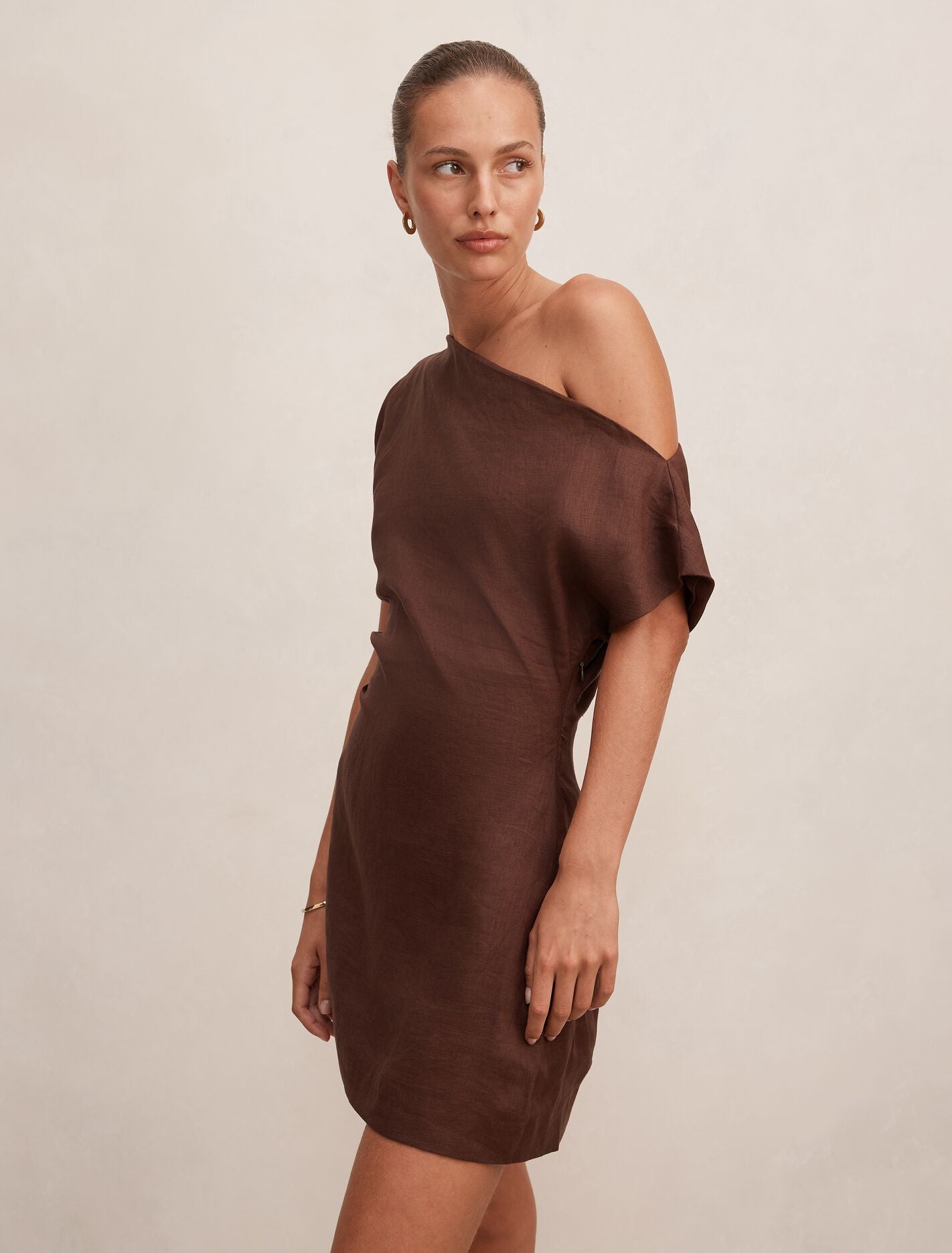 Danielle Asym Linen Mini Dress Chocolate | Forever New