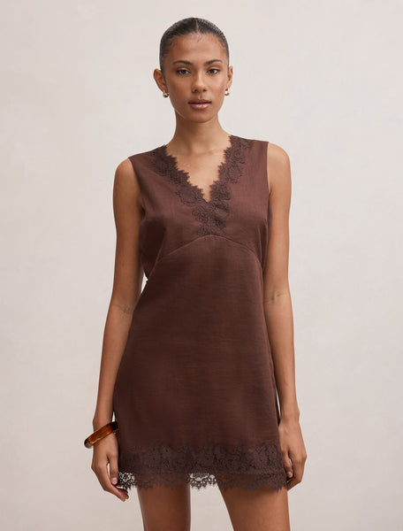 Zali Lace Trim Linen Mini Dress Chocolate | Forever New