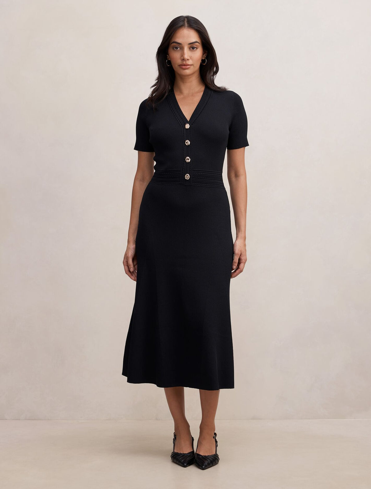 Niki V-Neck Stitch Knit Dress Black Forever New