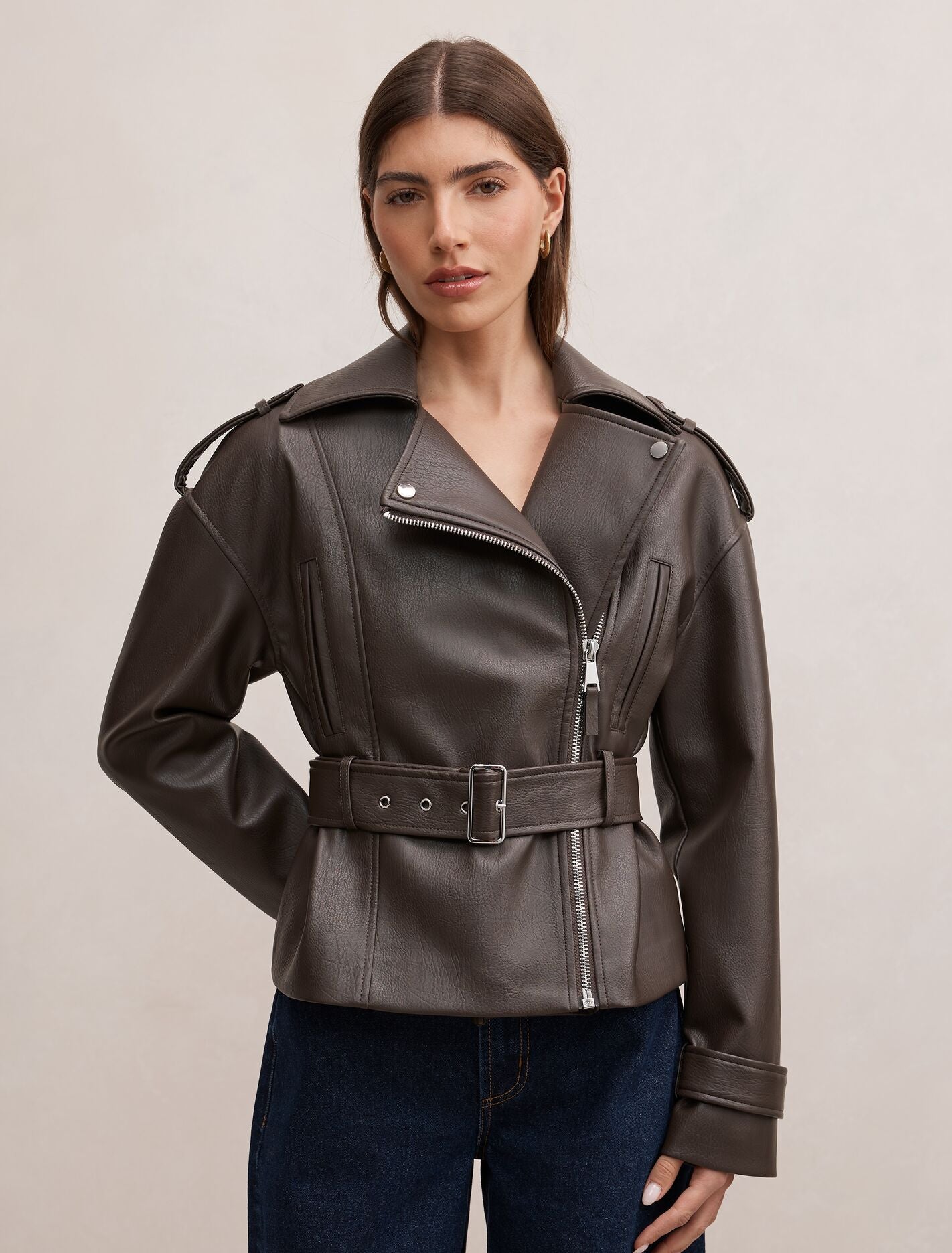 Brooklyn Pu Belted Biker Jacket Chocolate | Forever New