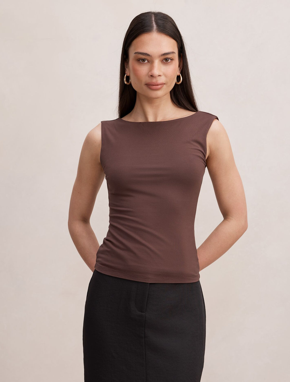 Bonnie Scoop Back Tank Top Chocolate Bark Forever New
