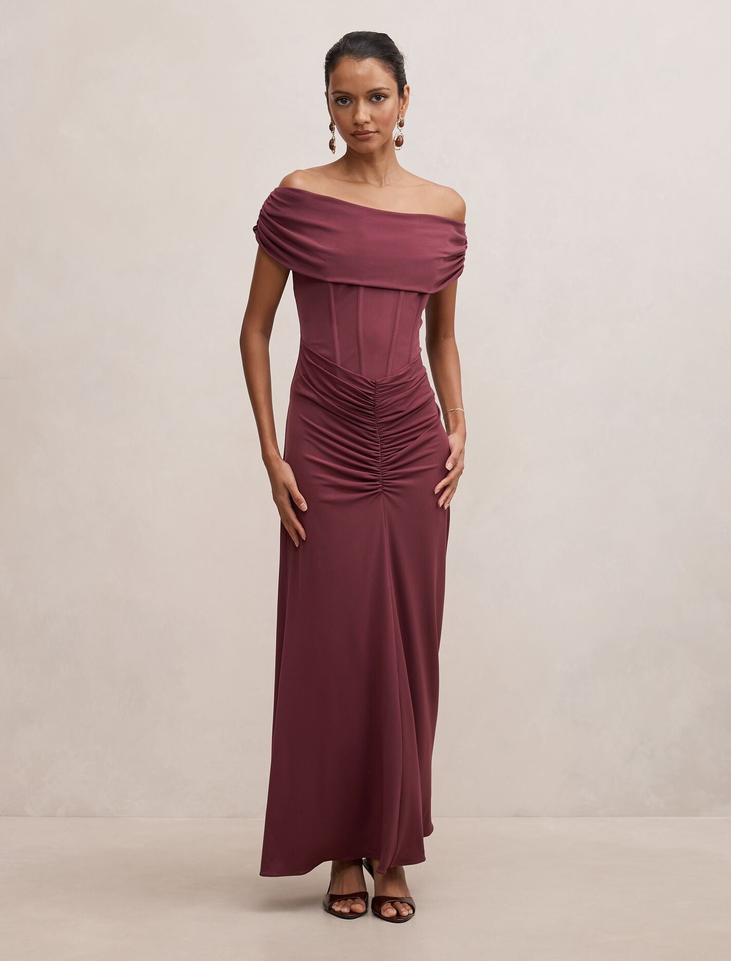 Ania Petite Ruched Bardot Maxi Dress Fig Forever New