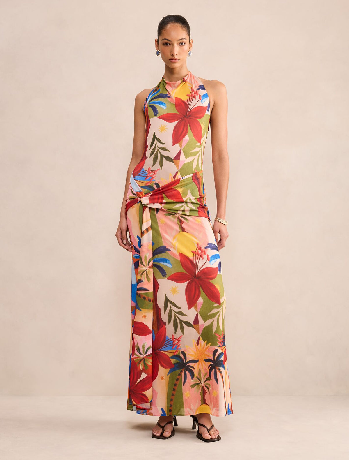 Abby Printed Halter Mesh Midi Dress