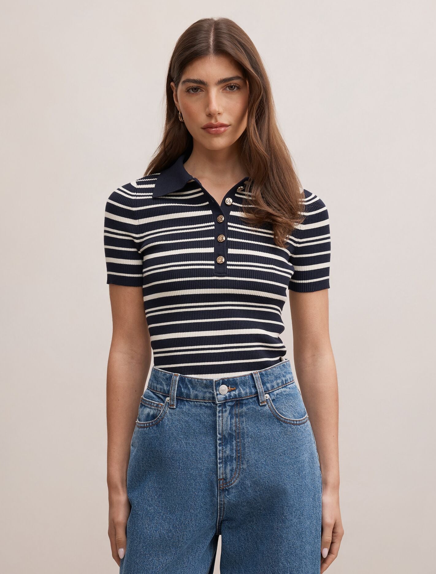 Sasha Striped Knit Polo T-Shirt Navy Stripe Forever New
