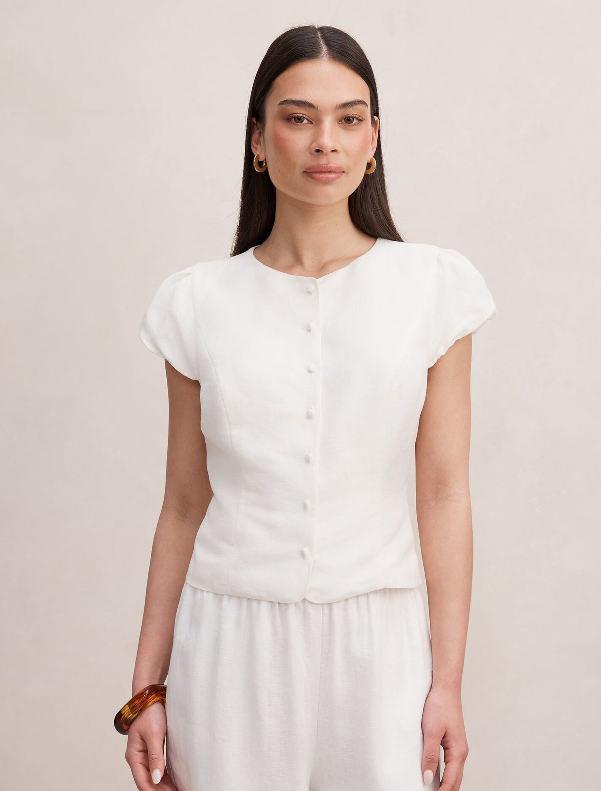 Ella Button Up Linen Top Porcelain Set Forever New