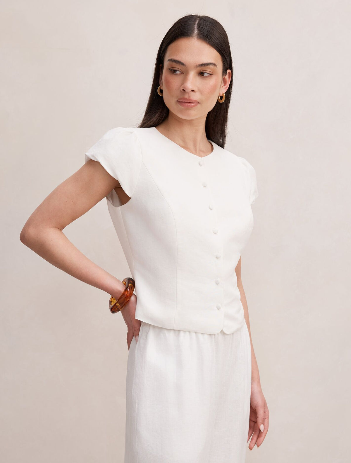 Ella Button Up Linen Top Forever New
