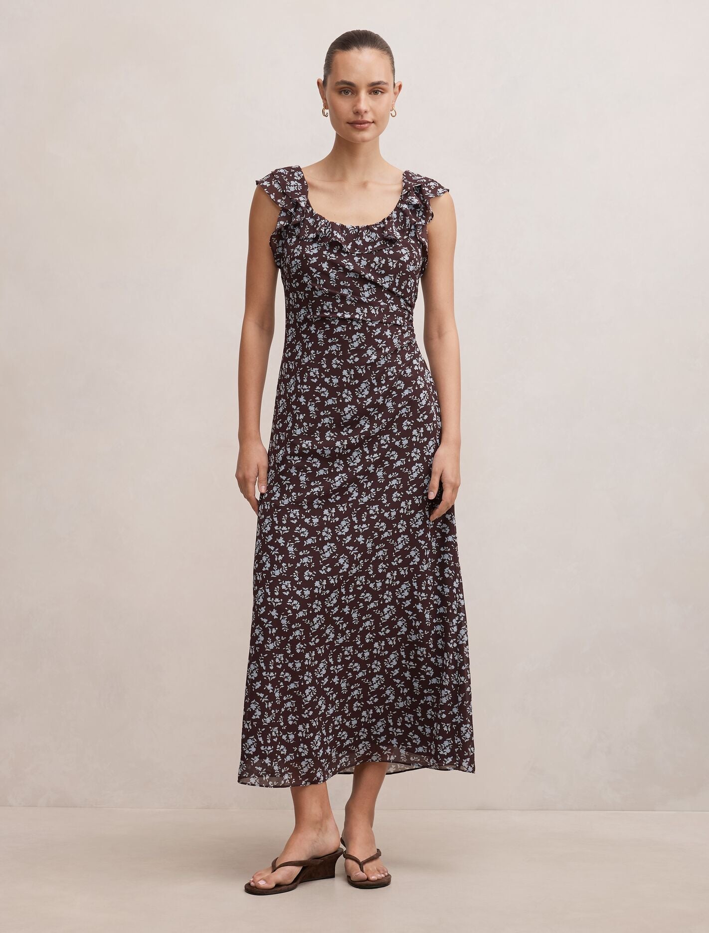 Paige Ruffle Midi Dress Choc Ray Ditsy Forever New