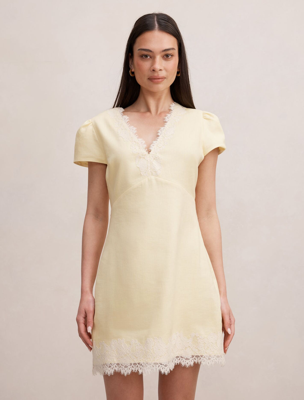 Lexi Lace Trim Linen Mini Dress Spring Yellow Cream Forever New