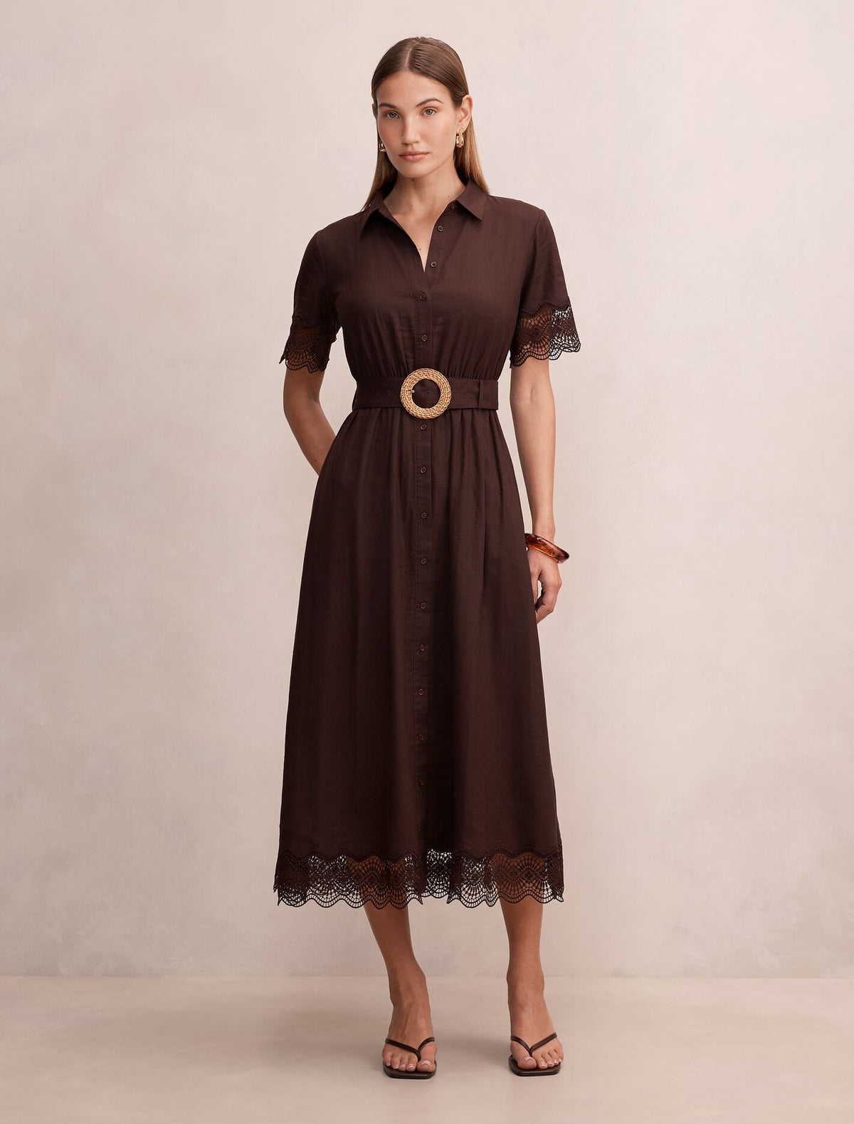 Eliana Lace Trim Linen Midi Dress Chocolate Freckle Forever New