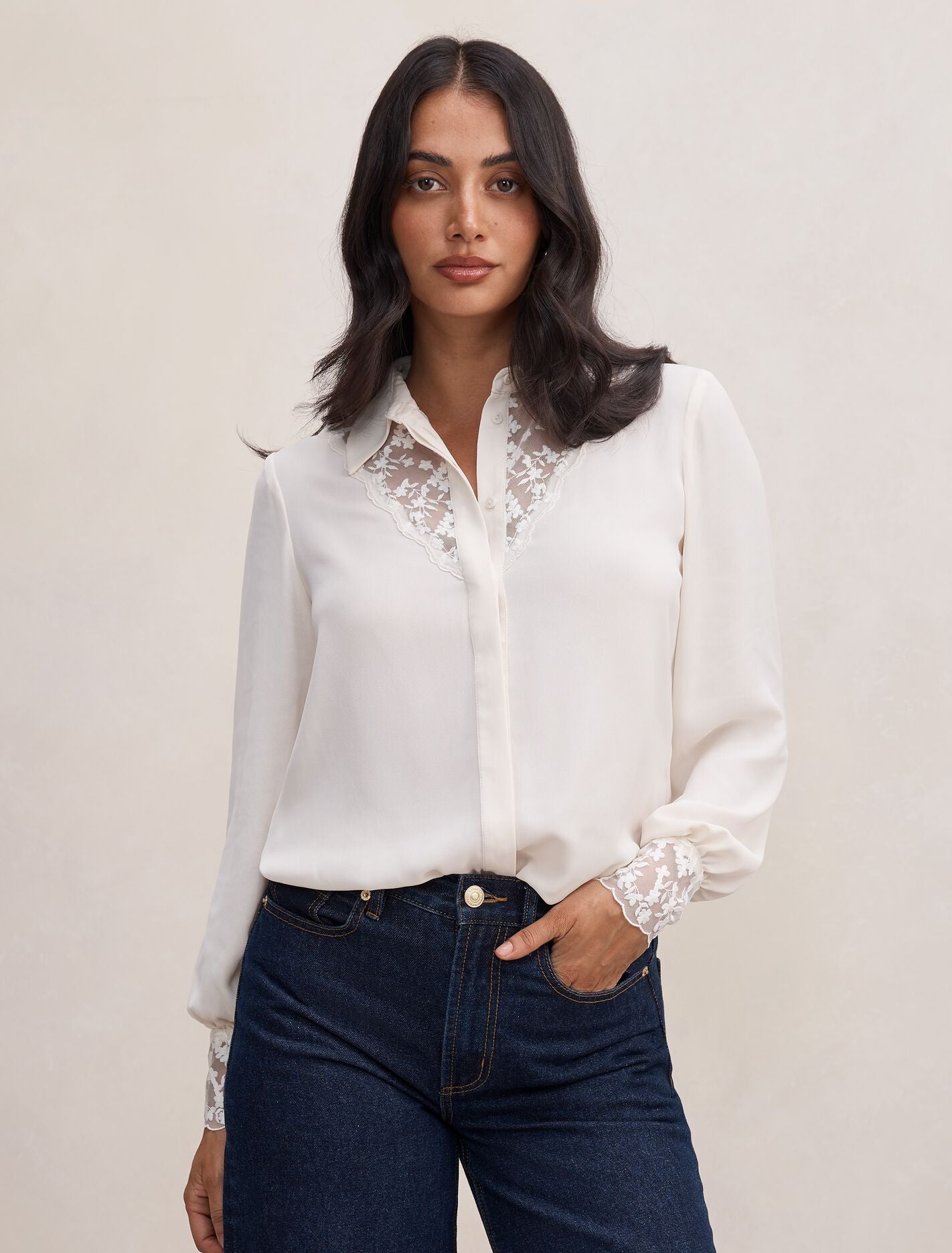 Hannah Lace Trim Shirt Neutral Forever New