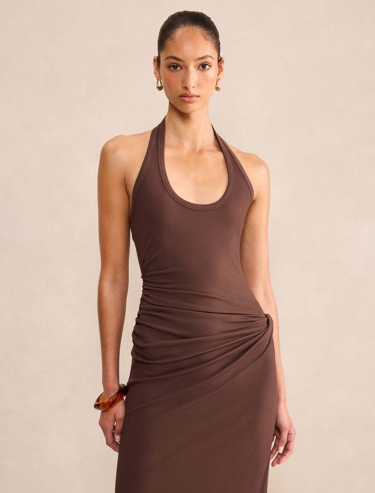 Noa Halter Draped Ribbed Midi Dress Forever New