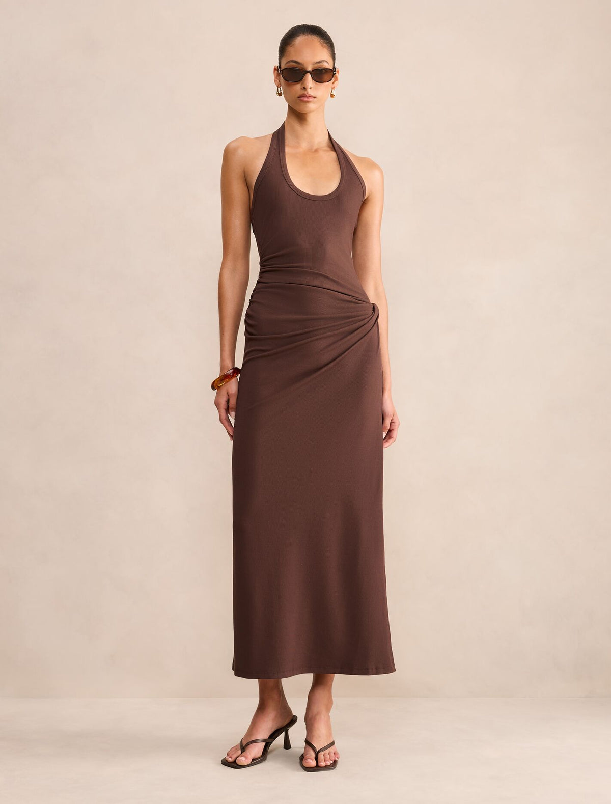 Noa Halter Draped Ribbed Midi Dress Chocolate Forever New