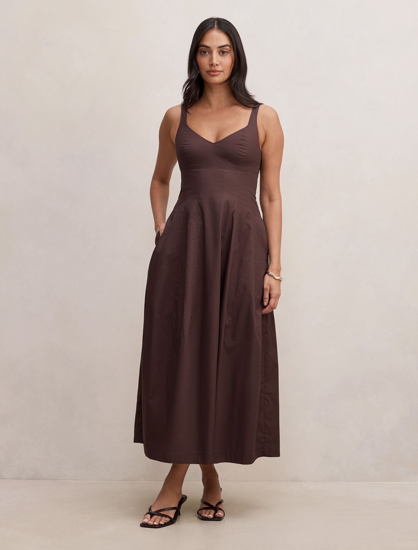 Chessy Seamed Cotton Midi Dress Chocolate Forever New