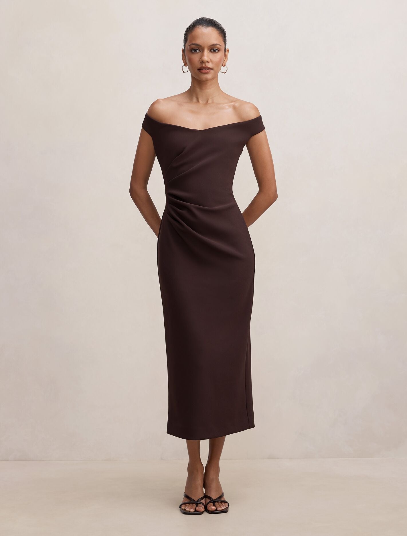 Zaria Petite Off Shoulder Draped Midi Dress Chocolate Forever New
