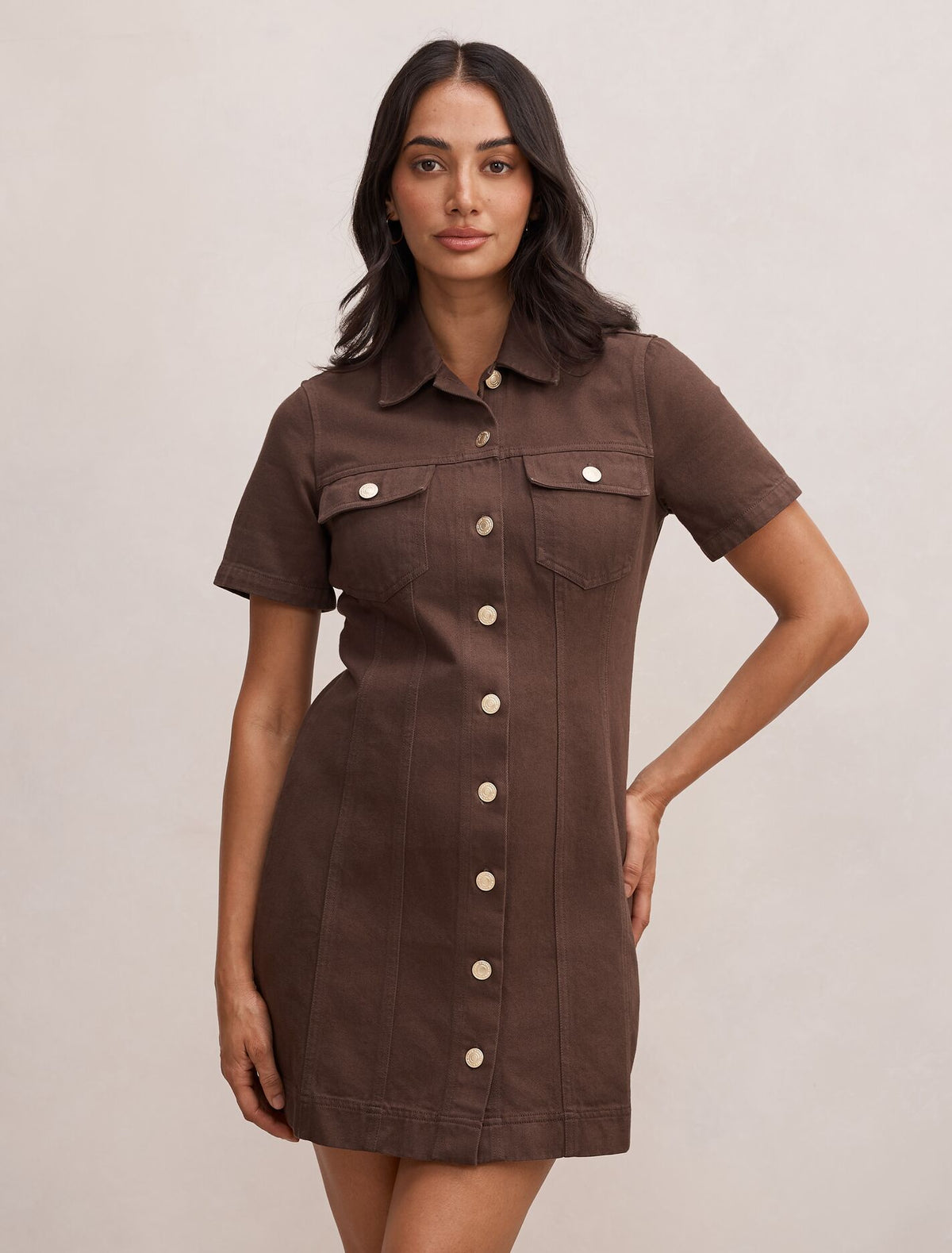 Sophia Mini Denim Shirt Dress Chocolate Forever New
