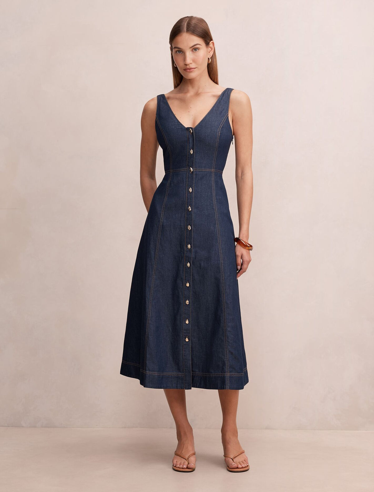 Anna V Neck Chambray Midi Dress Dark Indigo Chambray Forever New