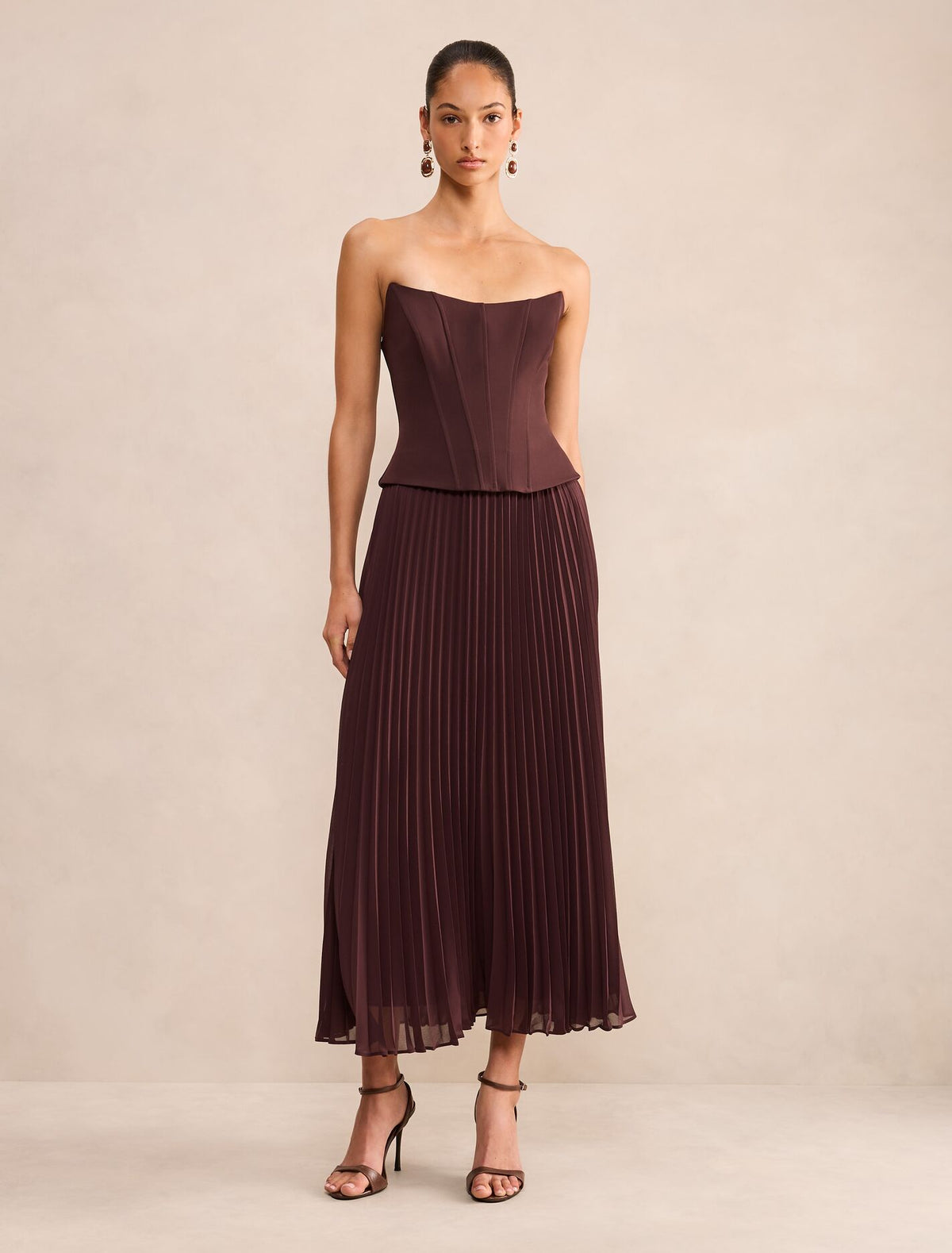 August Pleated Corset Midi Dress Dark Chocolate Forever New