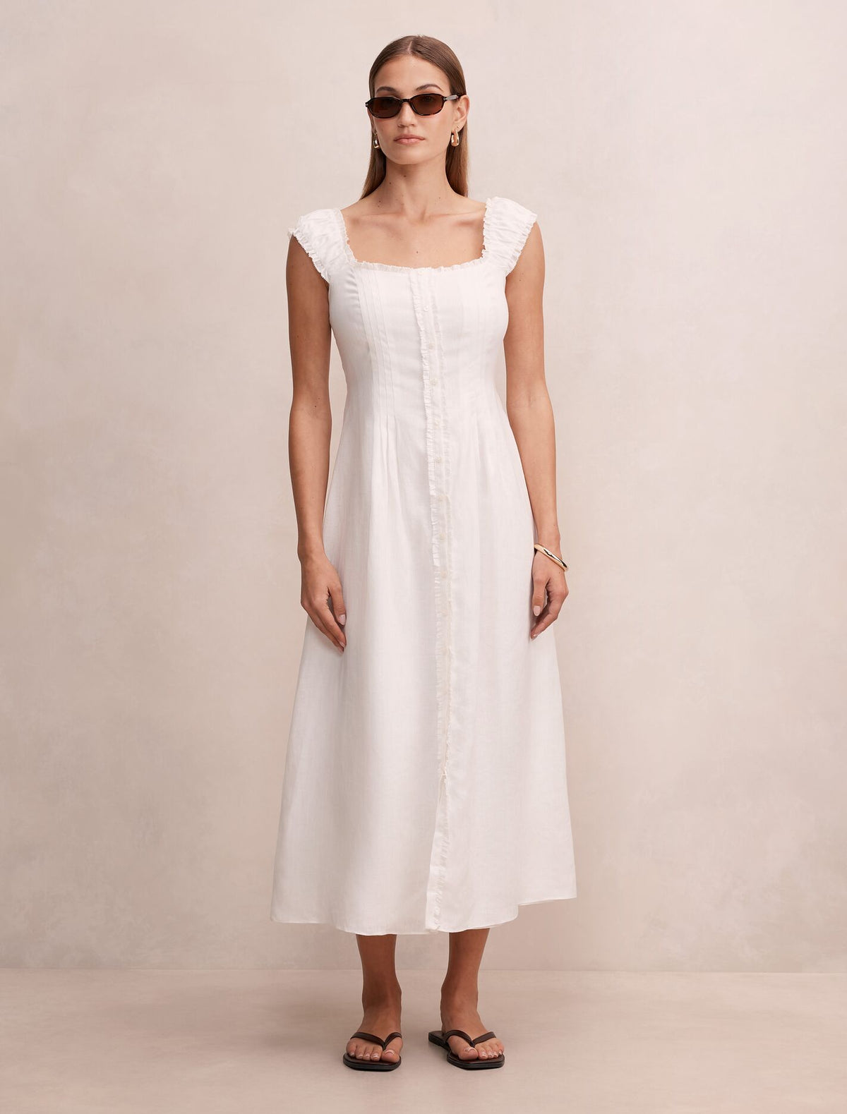 Adriana Pintuck Linen Midi Dress Porcelain Forever New