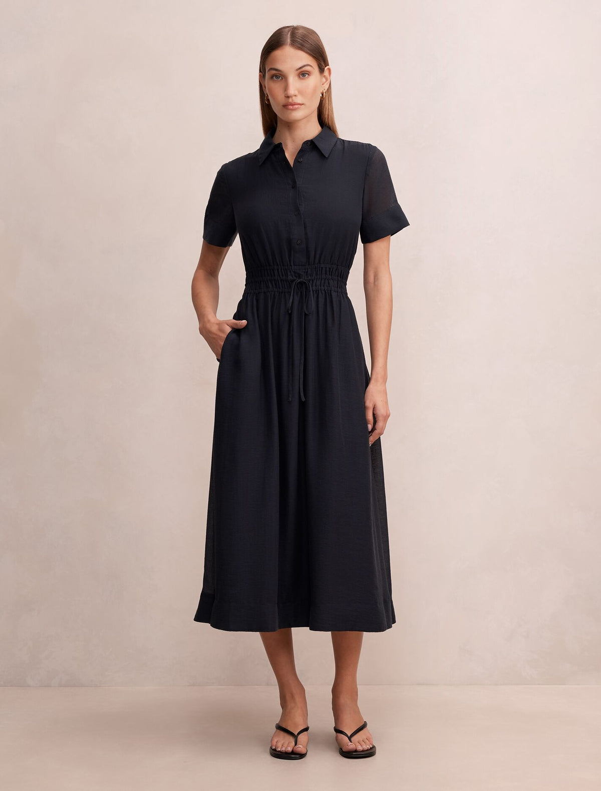 Brynn Elastic Waist Shirt Midi Dress Navy Forever New
