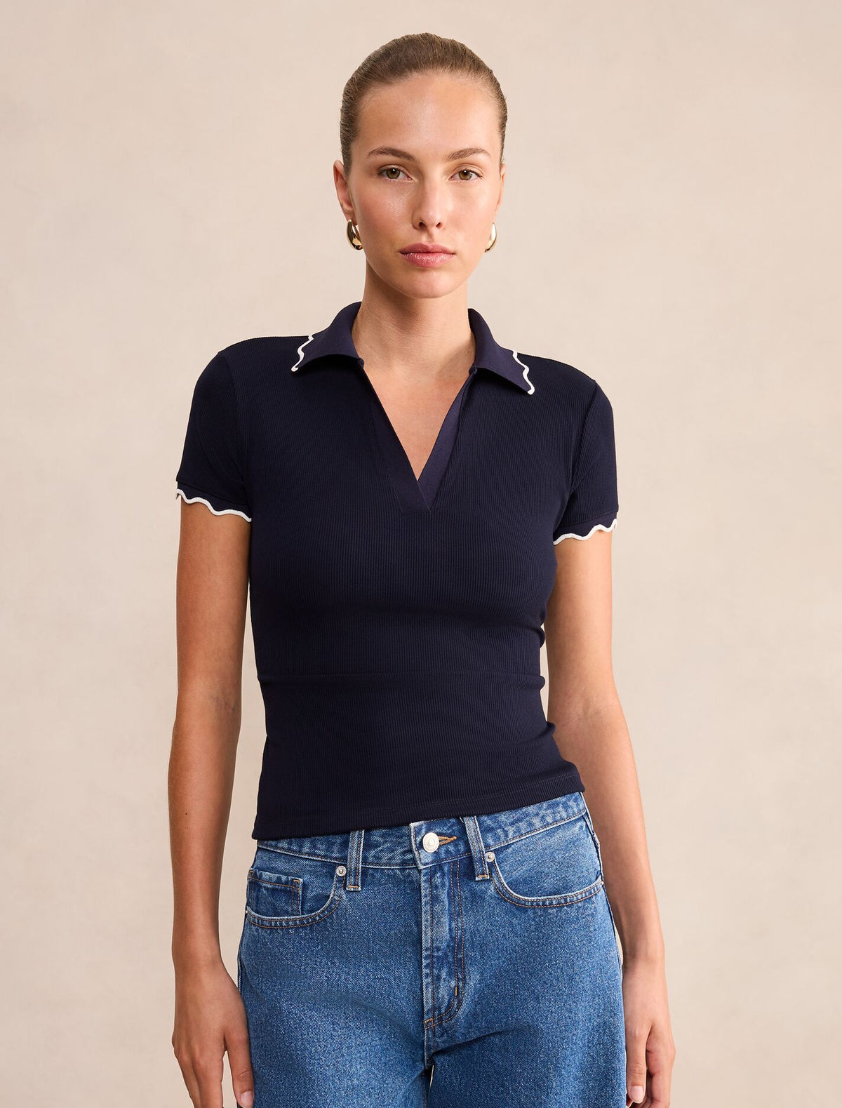 Sarah Scallop Trim Polo Top Navy Porcelain Forever New