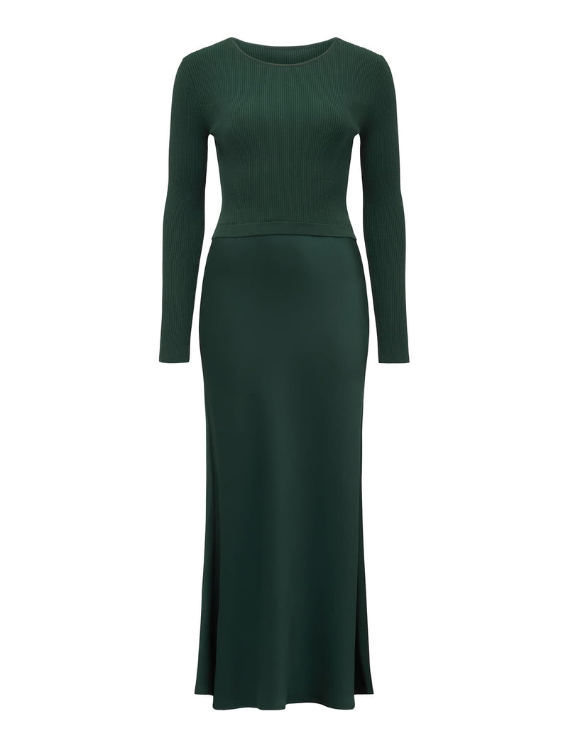 Alicia Long Sleeve Satin Mix Knit Dress Green | Forever New
