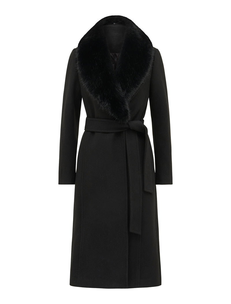 Monica Fur Collar Wrap Coat Black Forever New