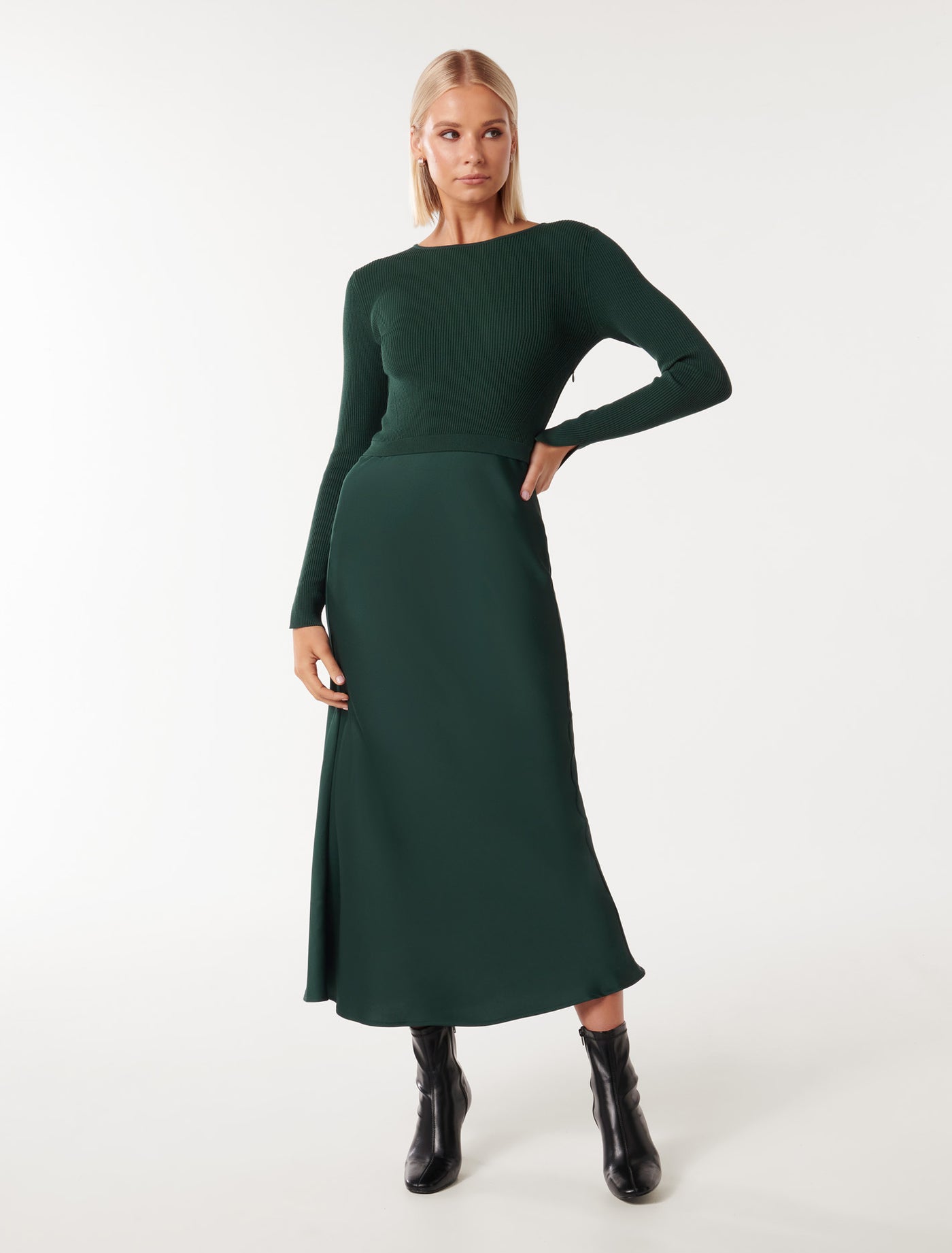 Alicia Long Sleeve Satin Mix Knit Dress Green Forever New